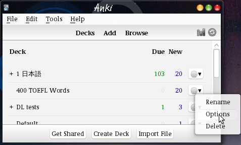 The Anki deck list. To the right of the gear button to the right
of the deck name a pop-up menu with the item <q>Options</q>
marked.