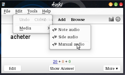 Anki with a card shown and the
mouse pointing to the menu item
Edit/Media/Manual audio. 