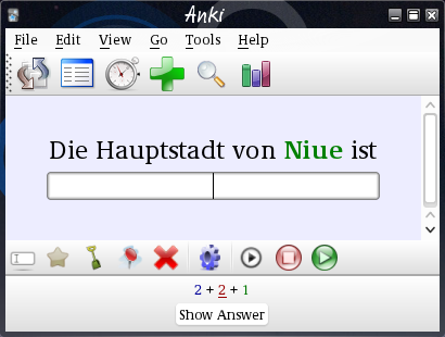 Anki 2 review window with two icon bars. The review area reads Die Hauptstadt von Niue ist
