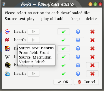 A dialog window. Six lines with different site icons, the word “hearth” and some more buttons. A bubble help with the text Source text: hearth From field: Front Source: Macmillan Variant: British
