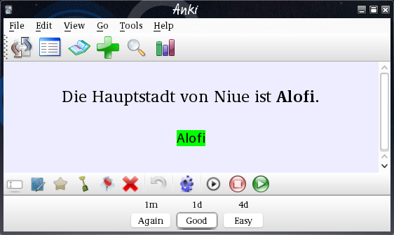 Anki
2. The review area reads Die Hauptstadt von Niue ist Alofi