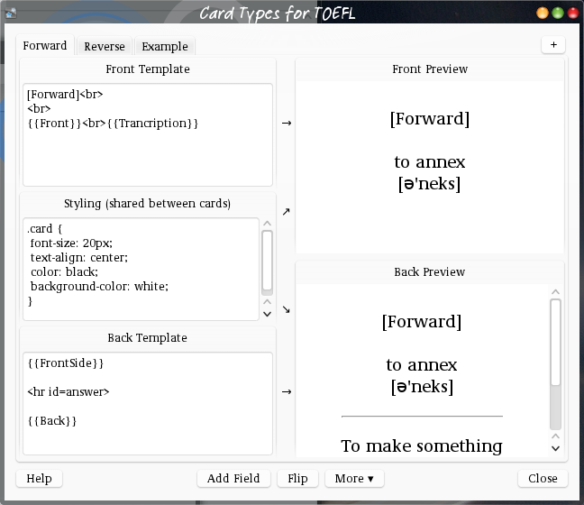 Window with tabs reading Forward
Reverse Example at the top. The left of the main area is split in
three parts, Front template, Styling and Back template. The right is
split in two: Front preview and Back preview.