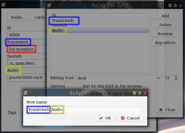 On the left: Window with a list
of fields with their content, ID:00906, Französisch:Oui,
monsieur, Deutsch: Ja, mein Herr and
Audio:sound:00906.mp3. Französisch is marked in blue, Oui,
monsieur in red and Audio in yellow. To the
right a dialog with the field names. Französisch is marked in blue,
Audio is selected and marked in yellow. Below a
dialog. Text: New name. Text input: Französisch Audio. Französisch is
marked in blue, Audio in yellow.