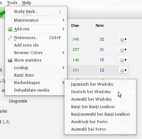 A menu called Nachschlagen under the Tools menu. Menu items: Japanisch bei Wadoku, Deutsch bei Wadoku, Auswahl bei Wadoku, Kanji bei Kanji-Lexikon, Kanjiauswahl bei Kanji-Lexikon, Ausdruck bei Forvo, Auswahl bei Forvo
