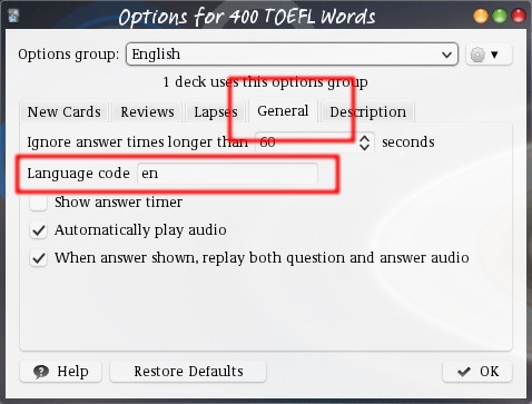 The “Options for deck NN” window. The tab “General” has a line-edit
“Language code”.