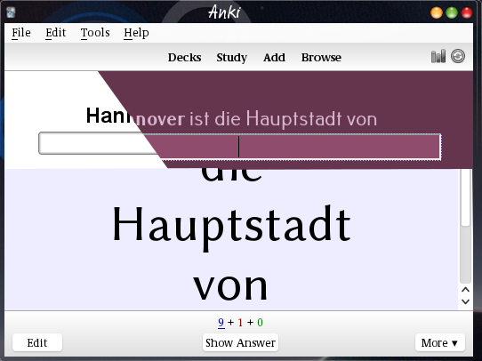 An Anki review window, split and showing different fonts and color schemes in different parts.
