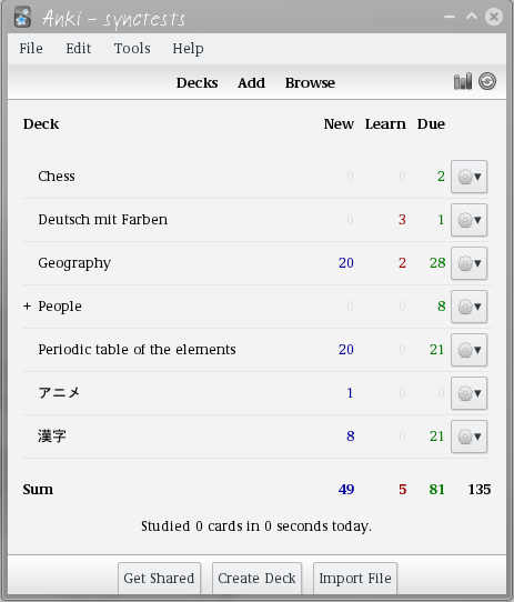 The deck overview with New, Learn and Due columns and a footer line with card count sums